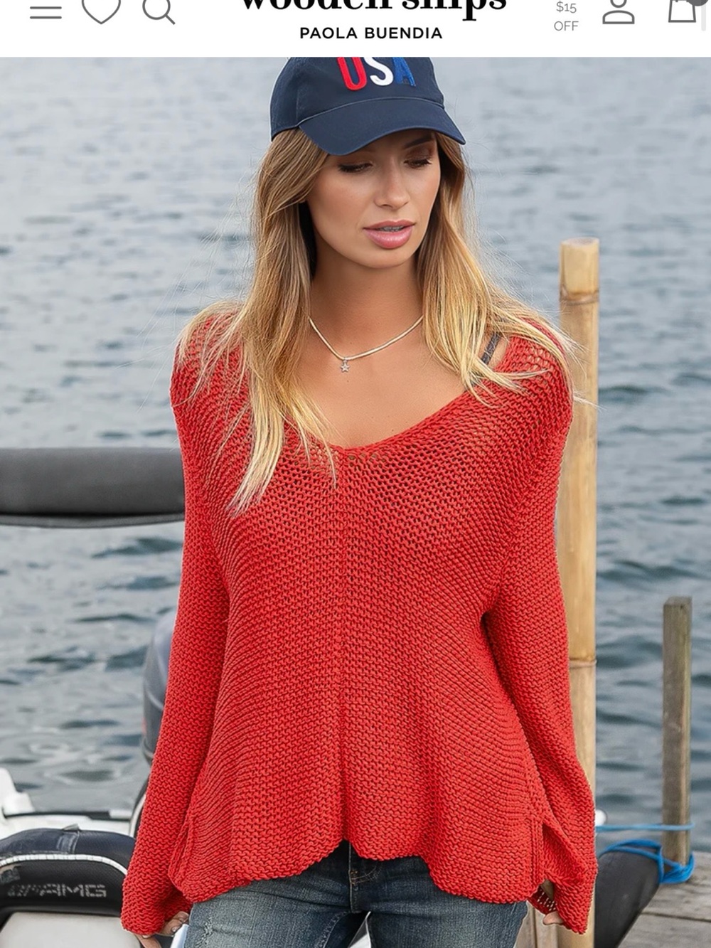 New Wooden Ships Red Open Knit Sweater